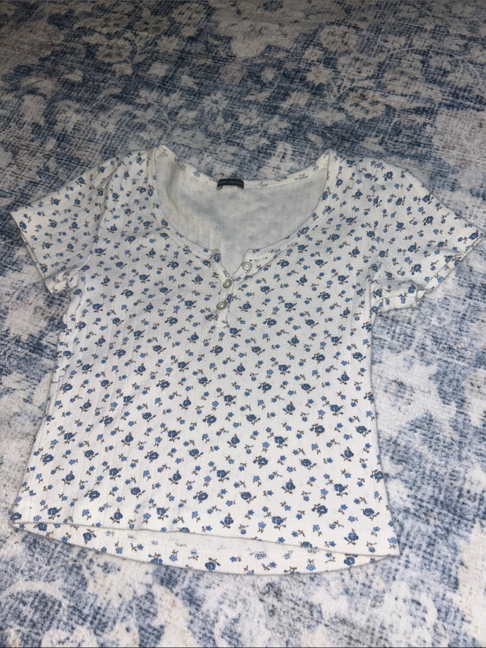 Brandy Melville White Short-Sleeve Henley Top with Blue Floral Print
